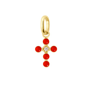Gigi Clozeau - Pendentif corail Croix perlée, or jaune, 1 diamant
