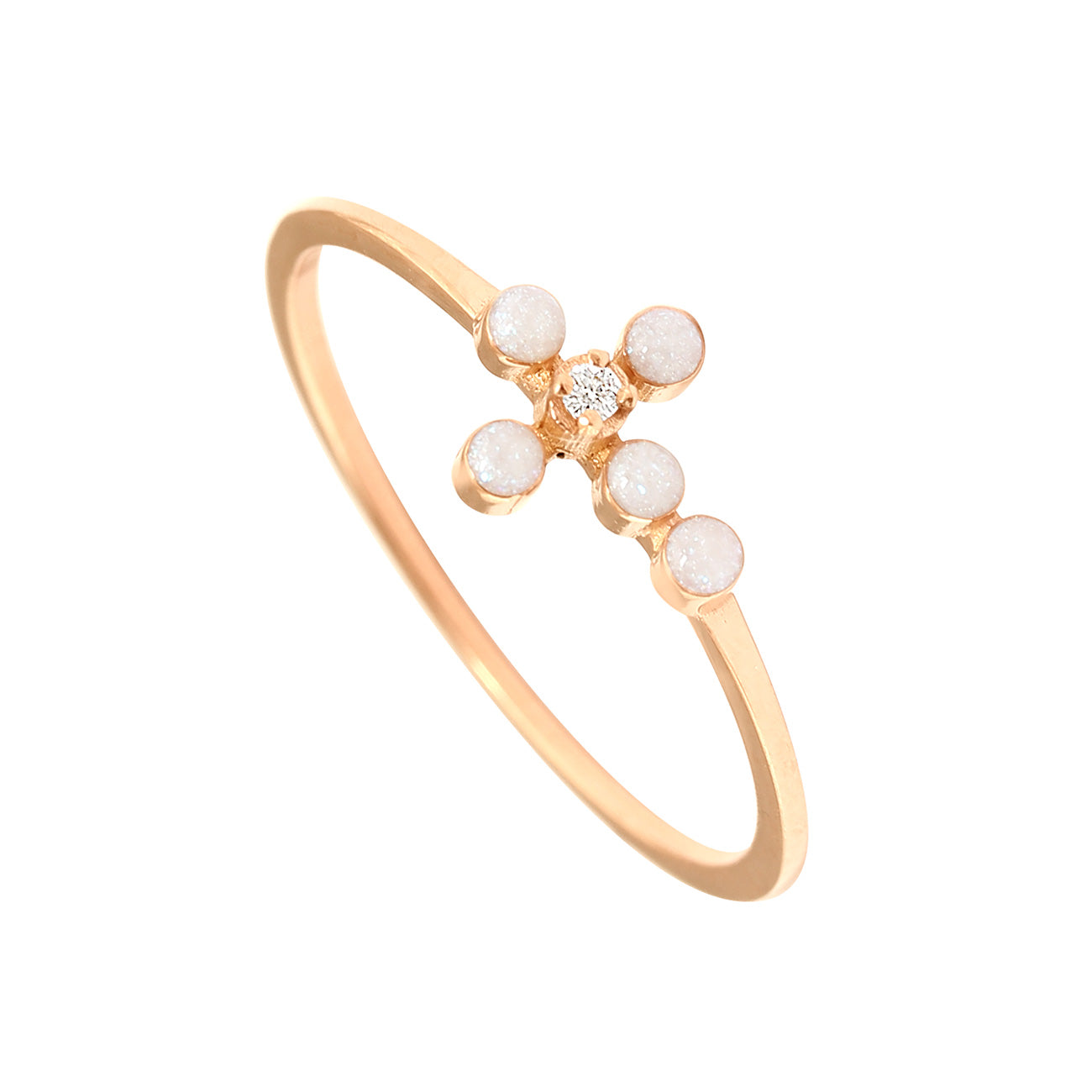 Gigi Clozeau - Bague opale Croix Perlée, diamant, or rose, T 49