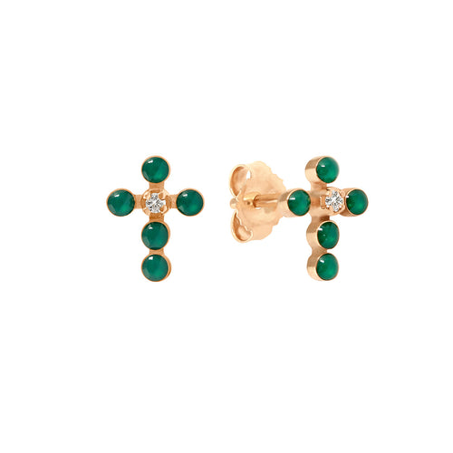 Gigi Clozeau - Boucles d'oreilles émeraude Croix Perlée, or rose, diamants