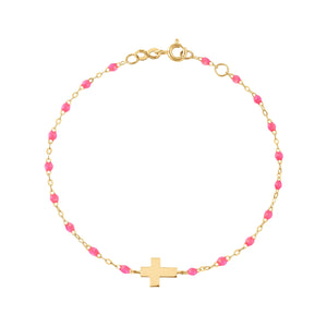 Gigi Clozeau - Bracelet bébé rose fluo Croix, or jaune, 13 cm
