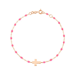 Gigi Clozeau - Bracelet bébé rose fluo Croix, or rose, 13 cm