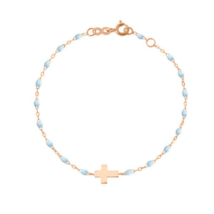 Gigi Clozeau - Bracelet bleu layette Croix, or rose, 17cm