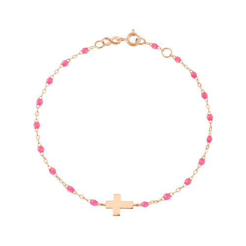 Gigi Clozeau - Bracelet enfant rose fluo Croix, or rose, 15 cm