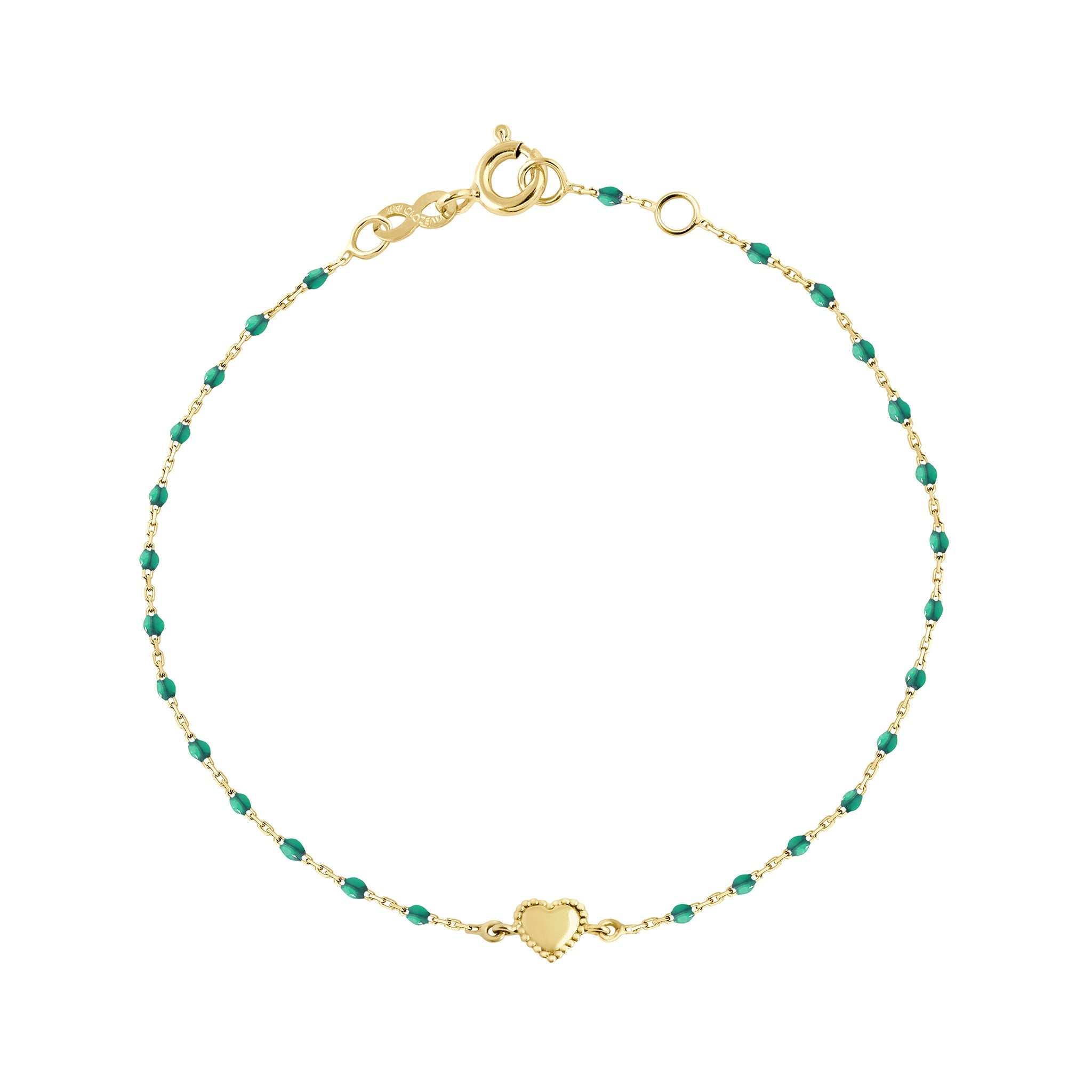 Gigi Clozeau - Bracelet Lucky Coeur, or jaune et mini perles de résine émeraude, 17 cm