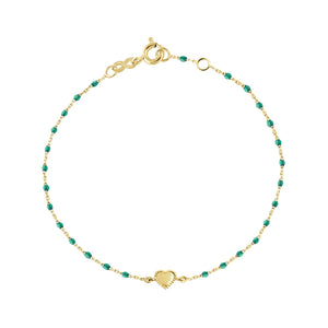 Gigi Clozeau - Bracelet Lucky Coeur, or jaune et mini perles de résine émeraude, 17 cm