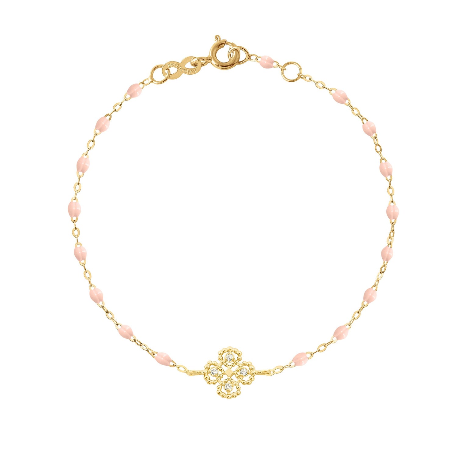 Gigi Clozeau - Bracelet rose bébé Lucky Trèfle, diamants, or jaune, 17 cm