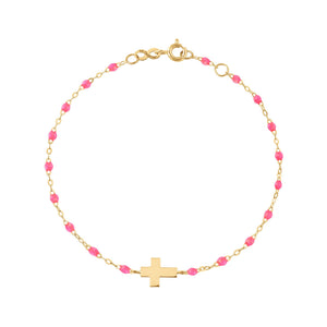 Gigi Clozeau - Bracelet rose fluo Croix, or jaune, 17cm