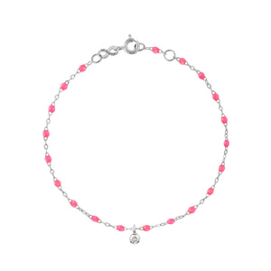 Gigi Clozeau - Bracelet rose fluo Gigi Suprême, or blanc, 1 diamant, 17 cm