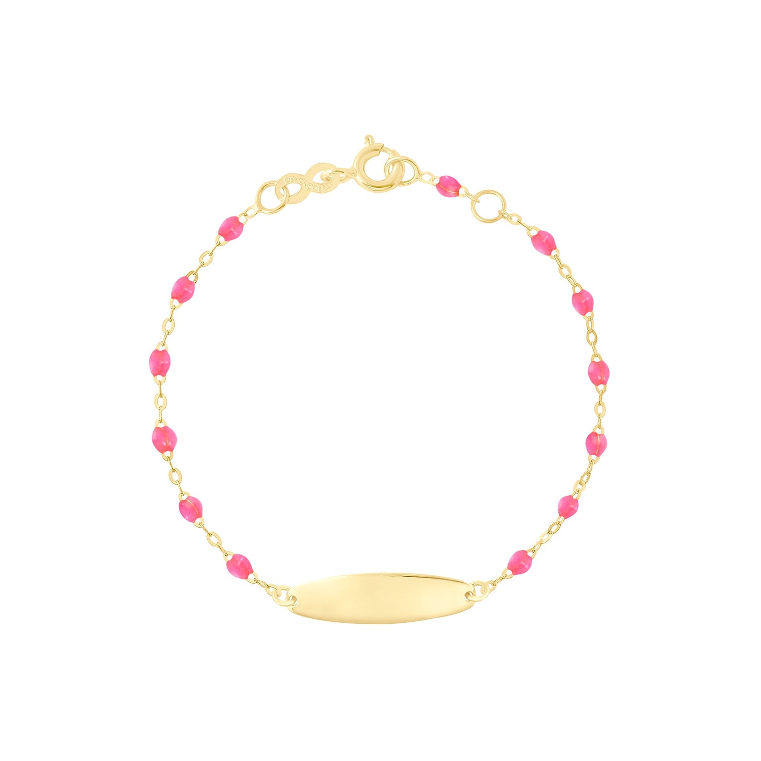 Gigi Clozeau - Bracelet rose fluo Little Gigi, plaque ovale, or jaune, 15 cm