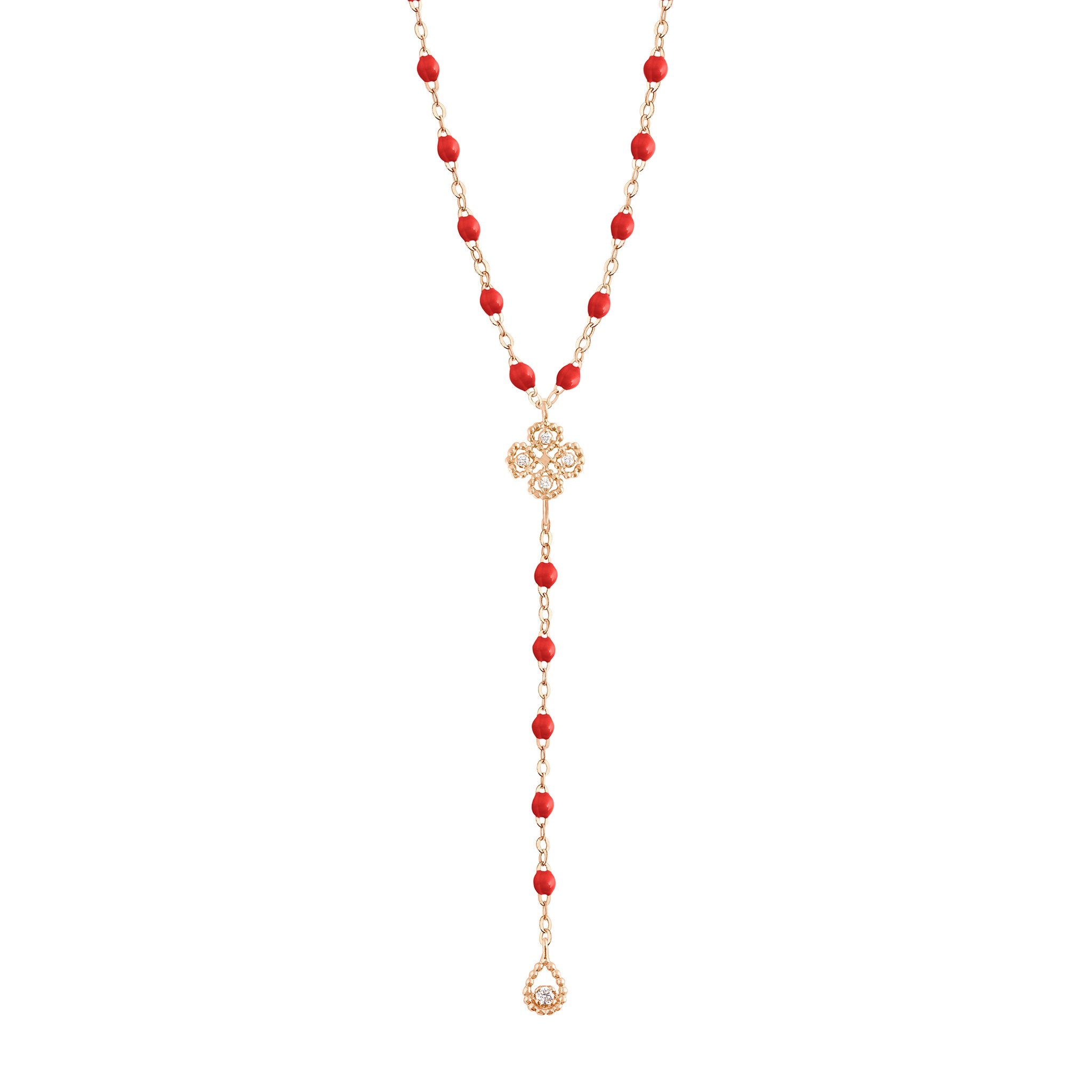 Gigi Clozeau - Chapelet coquelicot Lucky Trèfle, diamants, or rose, 45 cm
