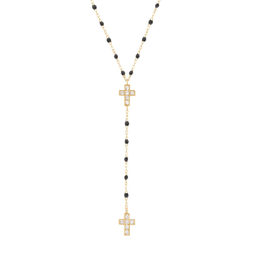 Gigi Clozeau - Chapelet noir Croix Diamants, or jaune, 42 cm