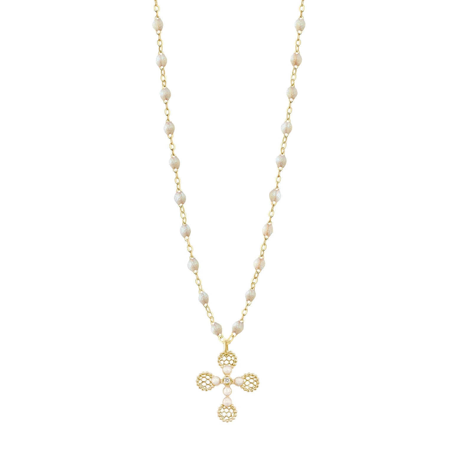 Gigi Clozeau - Collier Croix Dentelle Perlée résine opale, or jaune, diamant, 42cm