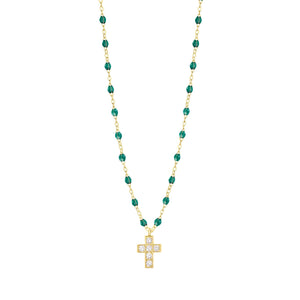 Gigi Clozeau - Collier émeraude Croix diamants, or jaune, 42 cm