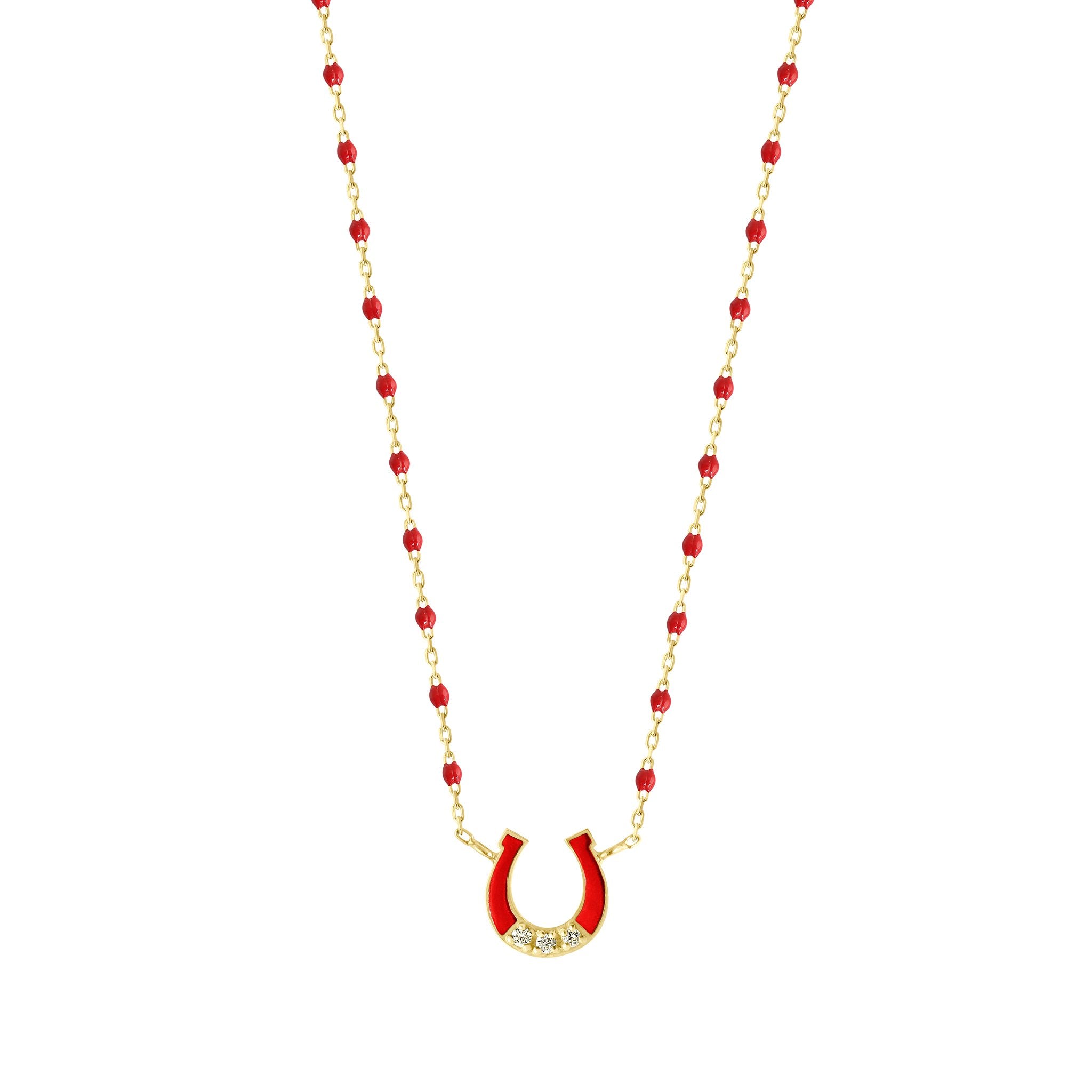 Gigi Clozeau - Collier Fer à cheval, or jaune, diamants et mini perles de résine coquelicot, 42 cm