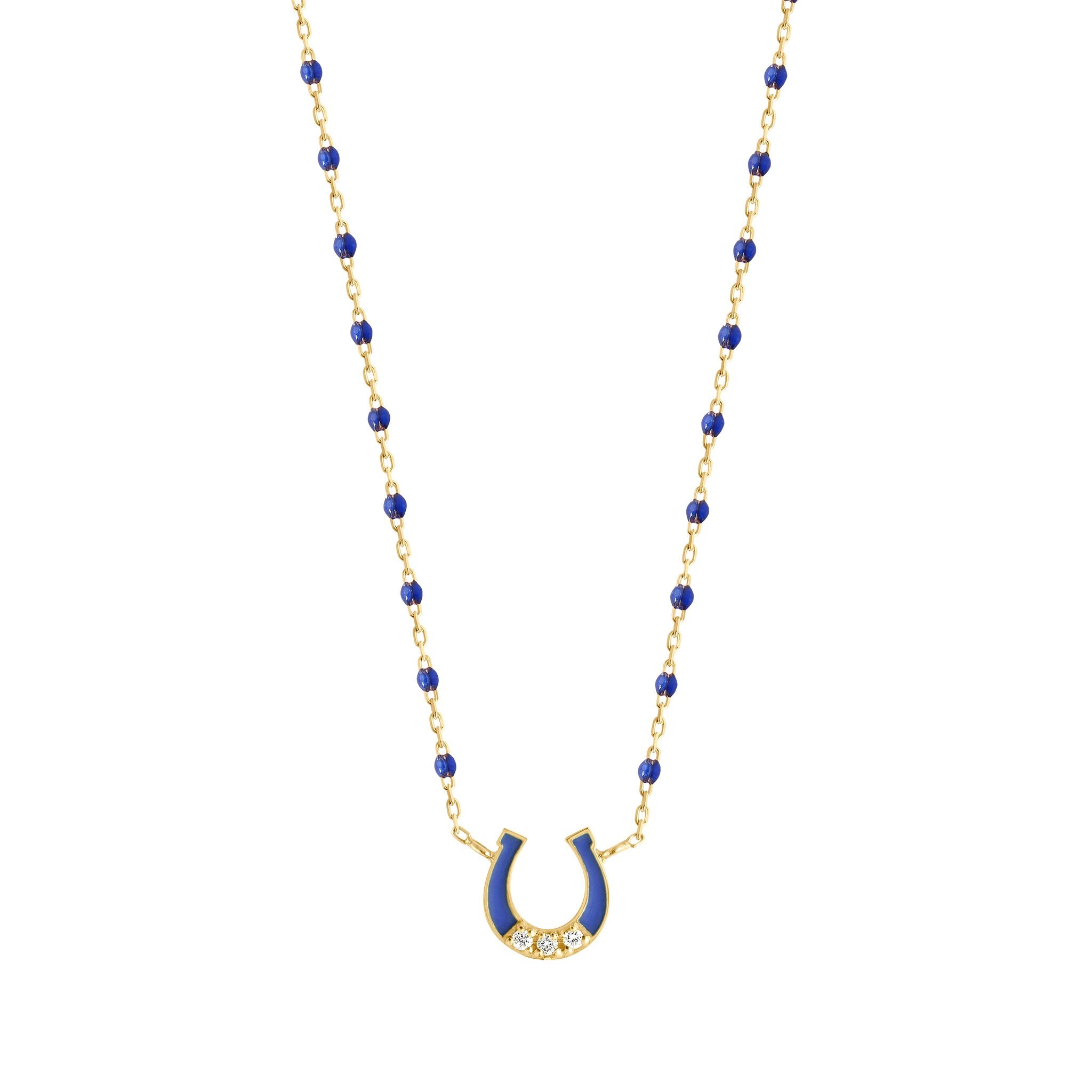 Gigi Clozeau - Collier Fer à cheval, or jaune, diamants et mini perles de résine prusse, 42 cm