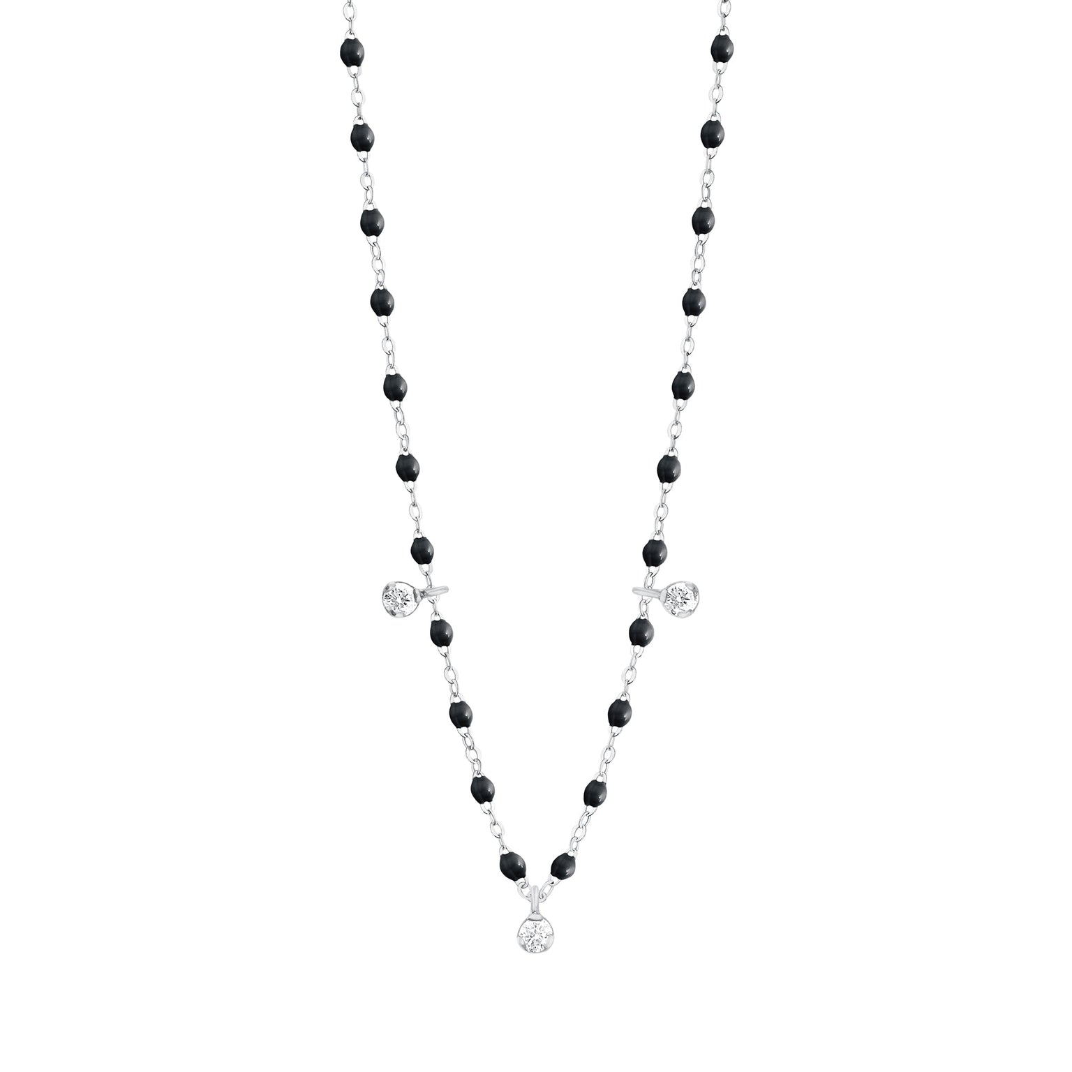 Gigi Clozeau - Collier noir Gigi Suprême, or blanc, 3 diamants, 45 cm
