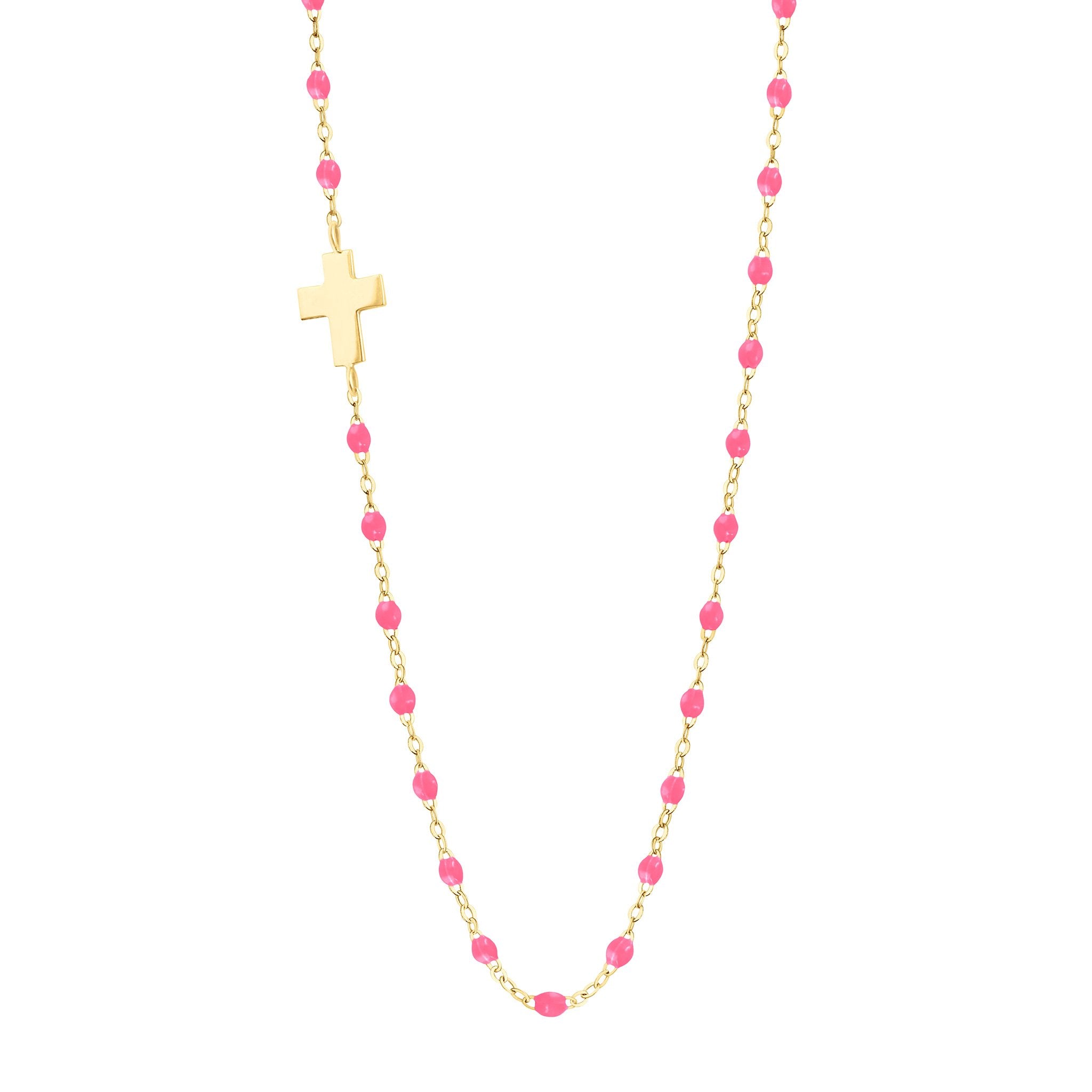 Gigi Clozeau - Collier rose fluo Croix de côté, or jaune, 42 cm