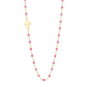 Gigi Clozeau - Collier rose fluo Croix de côté, or jaune, 42 cm