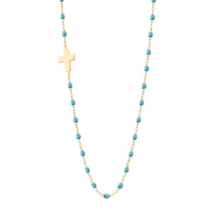 Gigi Clozeau - Collier turquoise vert Croix de côté, or jaune, 42 cm