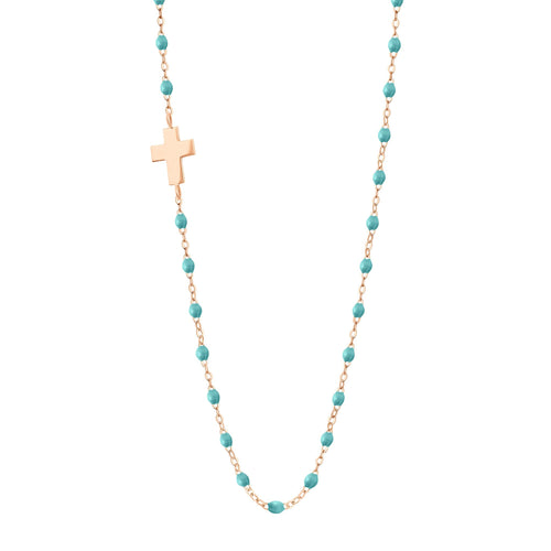 Gigi Clozeau - Collier turquoise vert Croix de côté, or rose, 42 cm