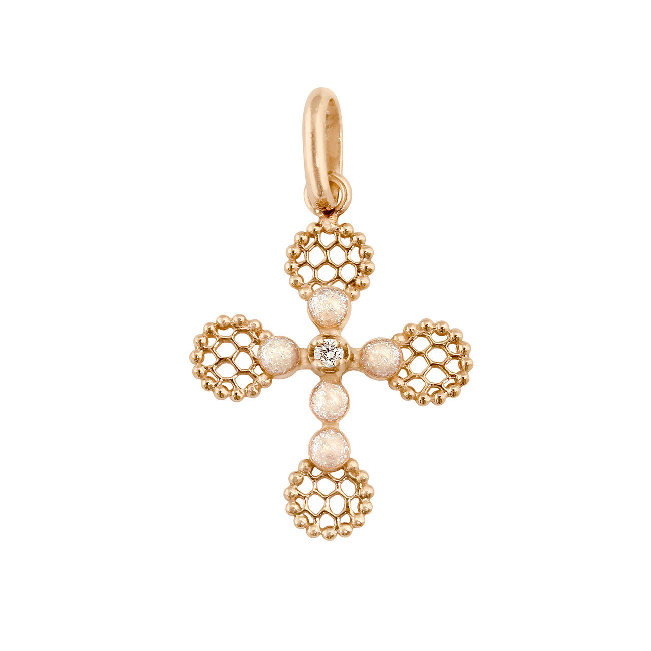 Gigi Clozeau - Pendentif Croix Dentelle Perlée résine opale, or rose, diamant